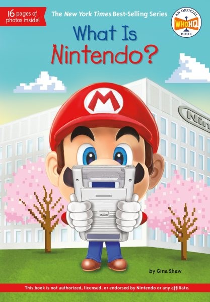 Mario stands holding a nintendo gameboy in front of his face
