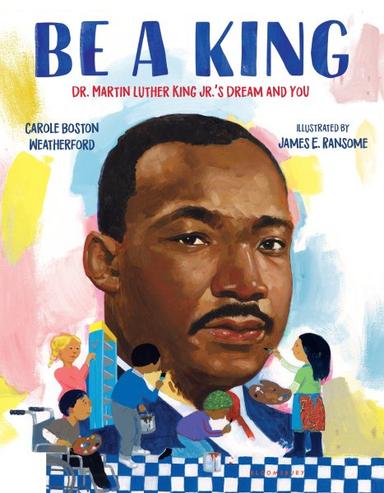 A diverse group of children paint a mural of Dr. Martin Luther King, Jr.
