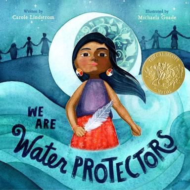 Book cover showing a young girl facing forward holding a feather and surrounded by water and a moon behind her
