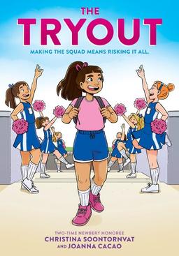 book cover showing a girl walking in front of cheerleaders