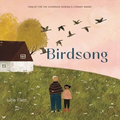Book cover showing a girl and and older woman standing in a grassy field with birds above them and a small cottage behind them