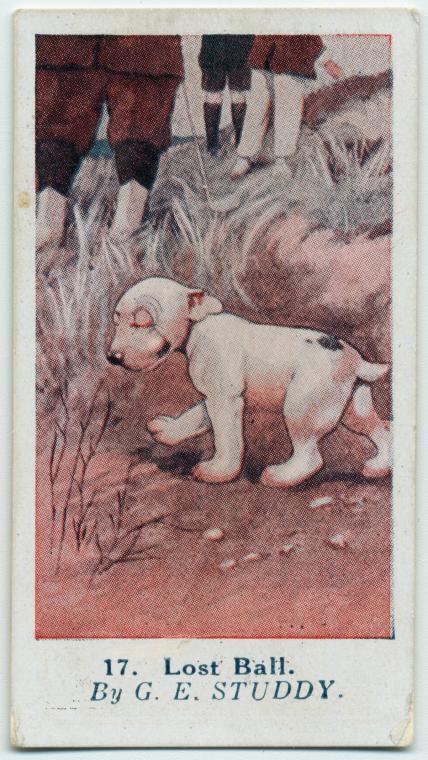 Historic illustrated card of a white dog. 