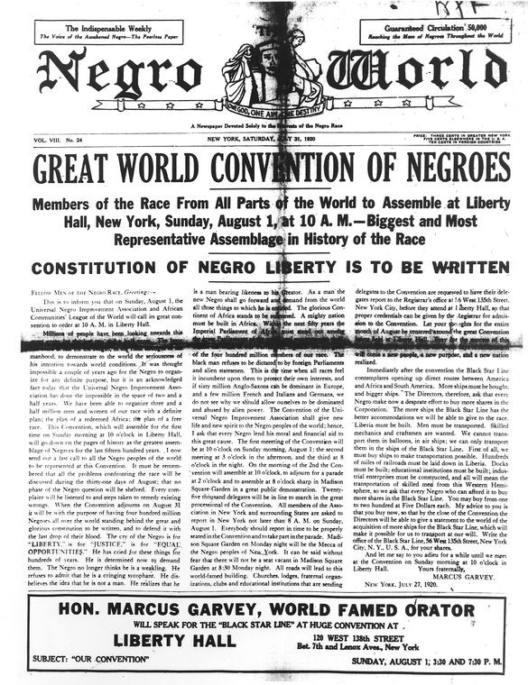 Front page of Negro World; Volume 8, Number 24, July 31, 1920.