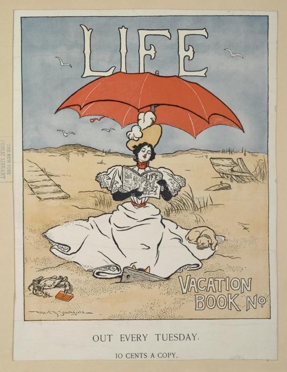 illustration of woman reading on the beach, Life magazine cover