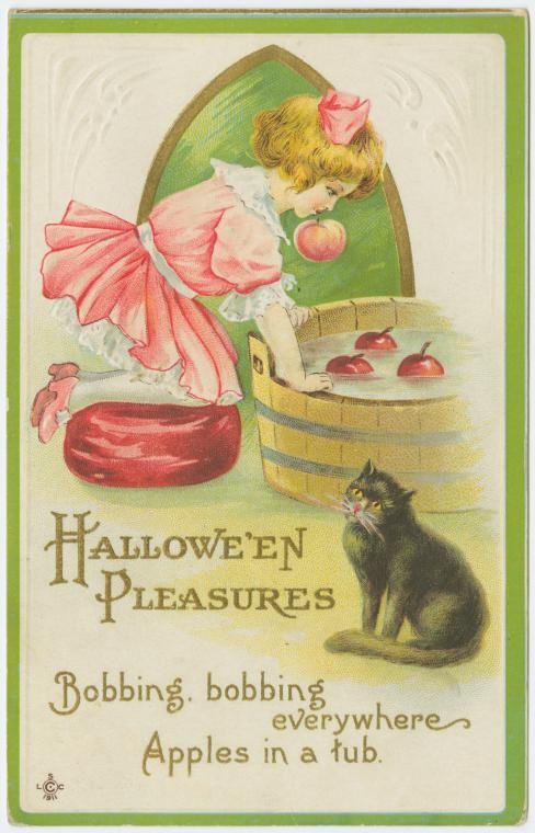Illustration of girl bobbing for apples, with the title Hallowe'en pleasures