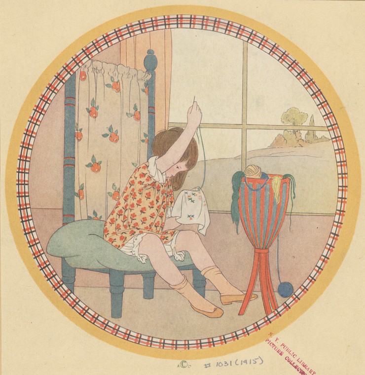 illustration of young girl sewing
