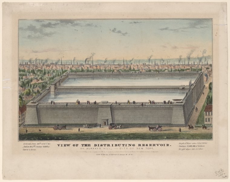 The Distributing Reservoir at 5th Ave. and 42nd Street, 1842 (lithograph by N. Currier)