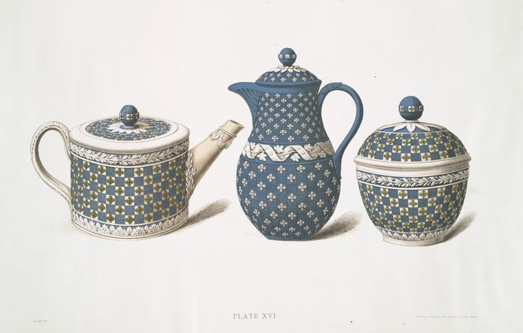 Three déjeûner pieces with quatrefoil ornaments. (Teapot - 3-1/2 in. and sugar-bowl - 4-1/2 in., date about 1789; chocolate-pot - 6 in., date about 1793.), Digital ID 490827, New York Public Library
