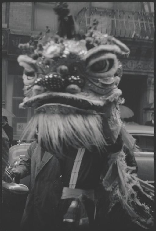 A person dressed in a traditional dragon costume during a traditional lunar new year performance. The costume features an elaborate dragon's head with large expressive eyes, a nose adorned with beads, and a long, flowing beard. The person underneath is pa