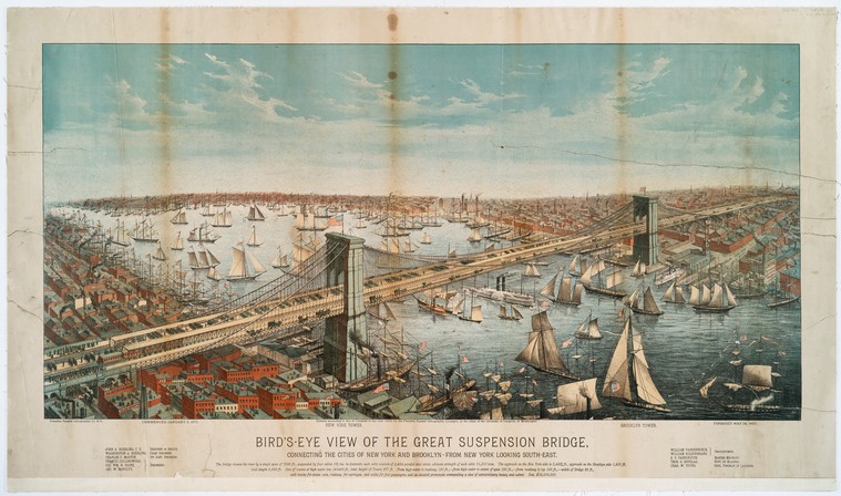 Bird's-eye view of the great suspension bridge, connecting the cities of New York and Brooklyn, from New York looking south-east., Digital ID 55108, New York Public Library