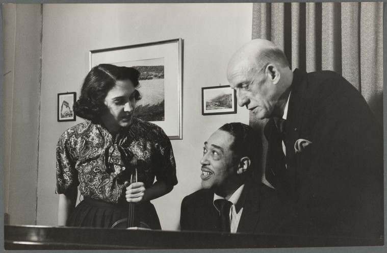 Anahid Ajemian, Duke Ellington, and Dimitri Mitropoulos in a promotional photograph for the Music For Moderns series.