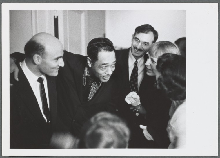 George Avakian, Duke Ellington, Lotte Lenya, and Anahid Ajemian at Town Hall after the opening night of Music For Moderns, April 28th, 1957.