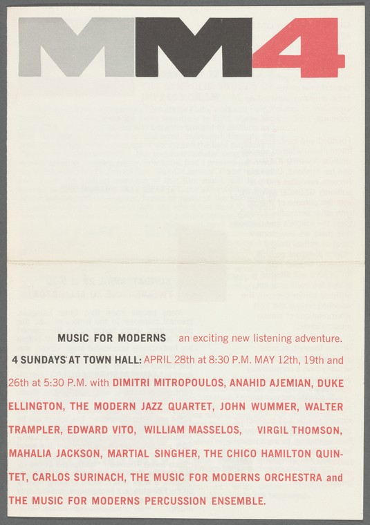 The brochure for the Music For Moderns concert series, spring 1957.