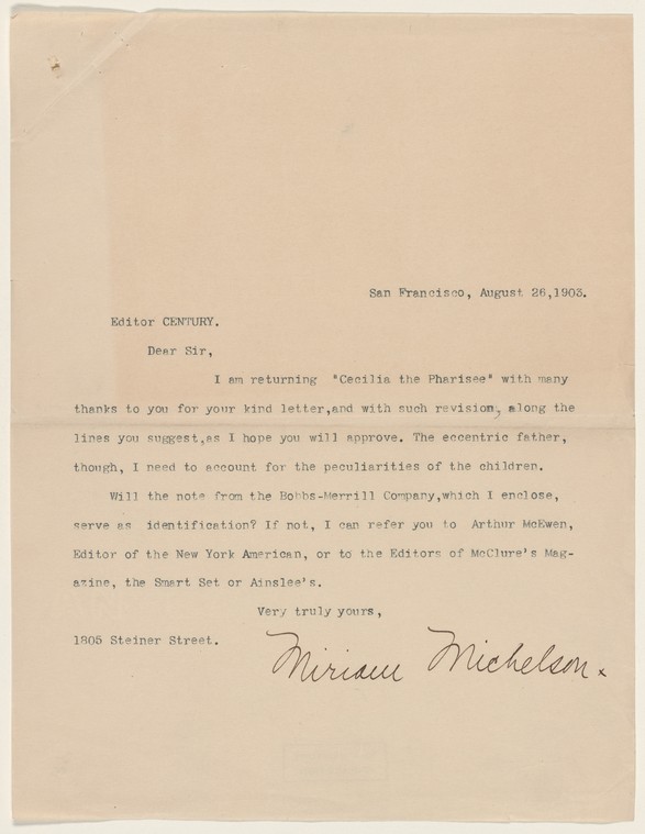 Typewritten letter from Miriam Michelson to Century editors