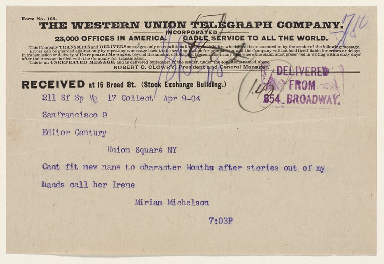 Western Union telegraph from Miriam Michelson to editors of Century