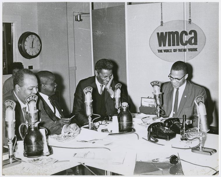 The Barry Gray Show with James Farmer, Gloster B. Current, Ossie Davis, Malcolm X, and actress Ruby Dee partially visible behind Farmer