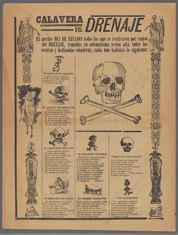 Print titled Calavera del Drenaje with various skulls with text underneath each and skeletons along the sides