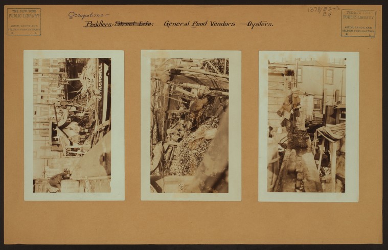 [Oyster boat Nettie C. Powell at Fulton Street dock.],Occupations - Peddlers - General food vendors - Oysters., Digital ID 732406F, New York Public Library