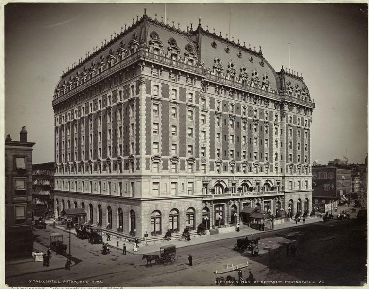Black and white photograph of Hotel Astor exterior