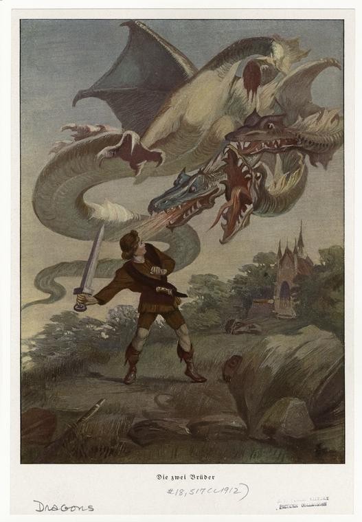 Man Fighting A Three-Headed Dragon
