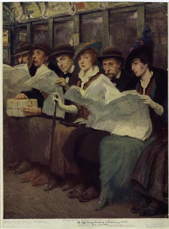 Six subway riders reading newspapers