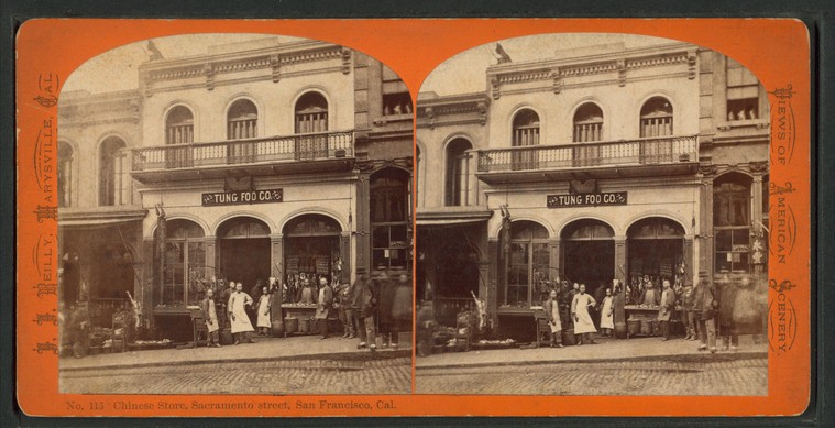 Stereogram photos of a Chinese store in San Francisco, 1875