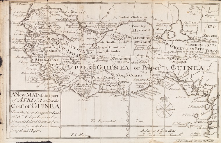A new map of that part of Africa called the coast of Guinea from the River Senegal in Latt. 16d. No. to Cape Lopez 1d. 00' So. with the Inland Countries from the sea so far as the great rivers Senegal and Niger.