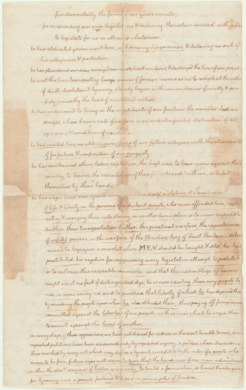 Declaration of Independence.  Draft in the handwriting of Thomas Jefferson., Digital ID psnypl_mss_1231, New York Public Library