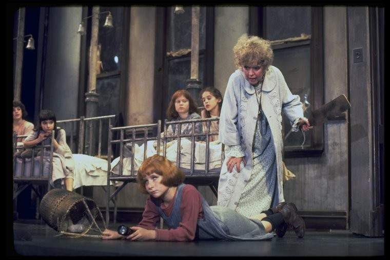 swope_212338  (L-3L) Dorothy Loudon as Miss Hannigan, Shelley Bruce as Annie and Sarah Jessica Parker in a scene from the Broadway pro... (1977)