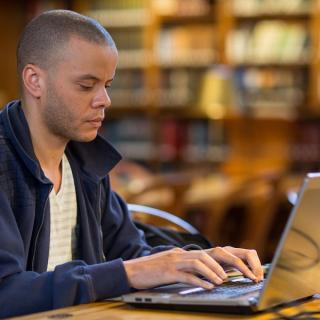 A library patron sits at a laptop.