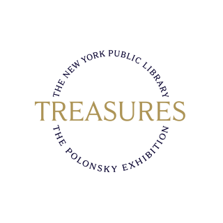 The word Treasures is large and gold, with the word The New York Public Library and The Polonsky Exhibition in a circle around it