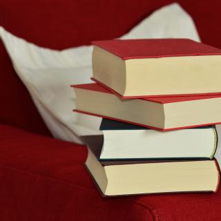 Pile of books on armchair of red chair