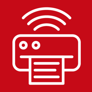 Red background featuring a white icon of a printer.