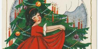 A child with dark hair in a red dress and matching red headband dances in front of a lush christmas tree with presents surrounding its trunk. The tree sways as if dancing with the child. A cloudy sky is seen outside of a large circular window.  
