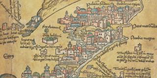 A 15th century portrait of Jerusalem and the surrounding area is shown.
