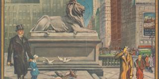 Postcard of NYPL lion, circa 1938