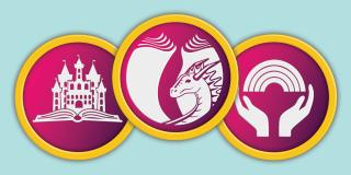 Illustration of three badges featuring a castle, a dragon, and a pair of hands with a rainbow