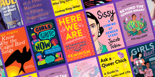 Collage of book covers from NYPL's Essential Reads on Feminism for Teens set against a purple background