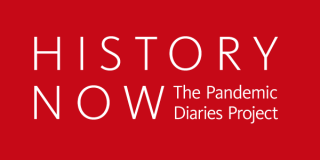 Red rectangle with text that reads: History Now: The Pandemic Diaries Project