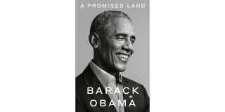 Book cover of A Promised Land by Barack Obama featuring a black-and-white photo portrait of Obama looking down and smiling