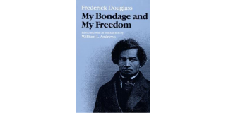 Book cover of My Bondage and My Freedom by Frederick Douglass featuring a stylized duotone blue and black historic image of Frederick Douglass