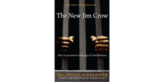 Book cover of Michelle Alexander's The New Jim Crow featuring an image of a Black man's hands gripping the bars of a prison cell