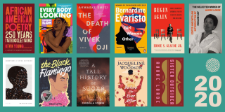 Green rectangle with collage of book covers from Schomburg Center Literary Festival's 2020 Reading List