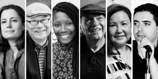 Side-by-side collage of black-and-white headshot portraits of six authors who will be participating in NYPL's World Literature Festival