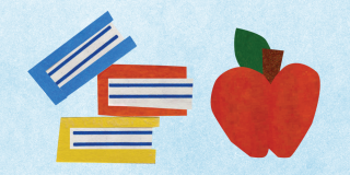 Light blue background behind a tumbling pile of three books with blue, red, and yellow covers next to a red apple