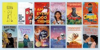 Light blue background with cover collage of some of NYPL's Best Books for Kids 2020