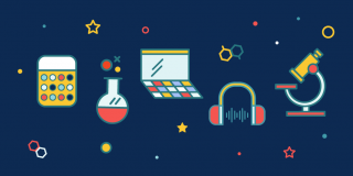 Dark blue rectangle featuring stylized illustrations of various STEAM-related items like a calculator, a laptop, headphones, and a bubbling beaker