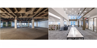 Side-by-side before and after photos of the Stavros Niarchos Foundation Library (SNFL)'s fifth floor