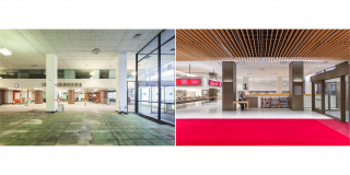 Side-by-side before and after photos of the Stavros Niarchos Foundation Library (SNFL)'s first floor