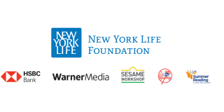 Collage of corporate logos for: New York Life Foundation, HSBC Bank, Warner Media, Sesame Workshop, Yankees, Summer Reading at New York Libraries